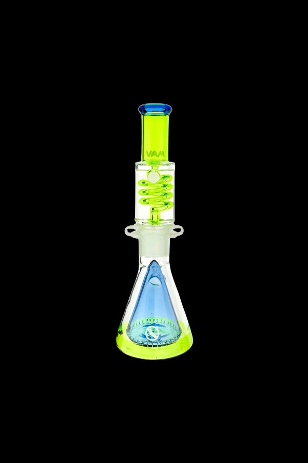 Green and blue glass water pipe with intricate design.
