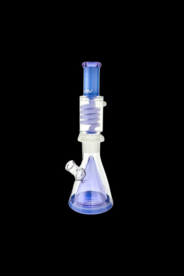 Purple glass bong with percolator, isolated on a black background.