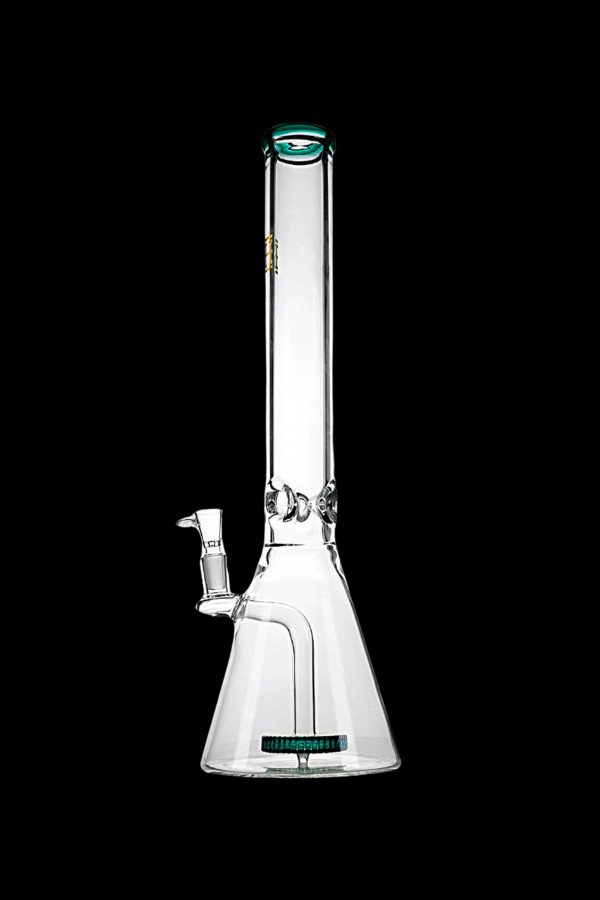 Clear glass bong with a wide base and angled neck, isolated on a black background.