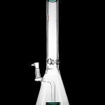 Clear glass bong with a wide base and intricate detailing, isolated on a black background.