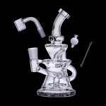 Clear glass dab rig with accessories, isolated on a black background.