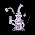 Pink glass dab rig with accessories on a black background.