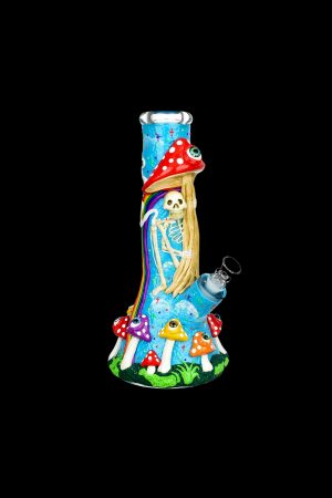 Colorful glass water pipe decorated with a skeleton, mushrooms, and rainbow details.