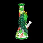 Green glass bong decorated with cannabis leaves and “420” text, isolated on a black background.