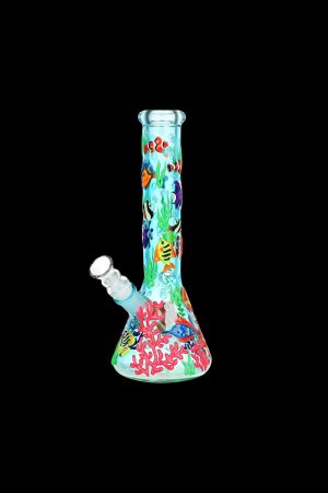 A colorful glass water pipe decorated with an underwater scene of coral and fish.