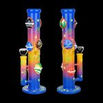 Two colorful glass bongs with a planetary and star-themed design against a black background.