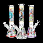 Three glass bongs decorated with colorful psychedelic mushroom and skull designs against a black background.