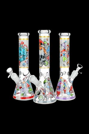 Three glass bongs decorated with colorful psychedelic mushroom and skull designs against a black background.