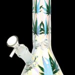 Iridescent glass bong decorated with cannabis leaves.