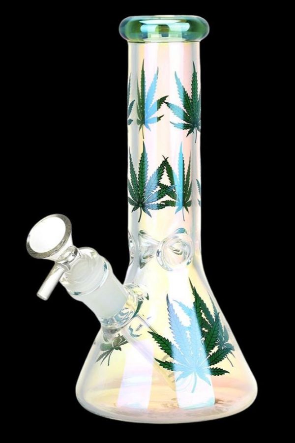 Iridescent glass bong decorated with cannabis leaves.