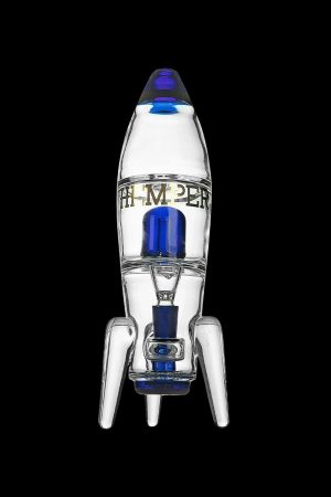 Glass rocket ship water pipe with blue accents, against a black background.