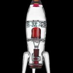 Glass rocket ship water pipe with red accents against a black background.