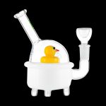 Glass bathtub-shaped water pipe with a rubber duck inside, isolated on a black background.