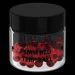 Glass jar filled with red terp balls labeled "White Rhino 6MM Red Terp Ball."