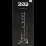 Clear acrylic water pipe in retail packaging labeled “ZoOt Ed” and “Herb Water Pipe.”