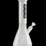 Clear glass bong with branding and intricate etched design.
