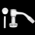 Clear glass dab rig with a quartz banger and carb cap, isolated on a black background.