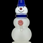 Glass snowman-shaped water pipe with a red and white swirl and blue accents.