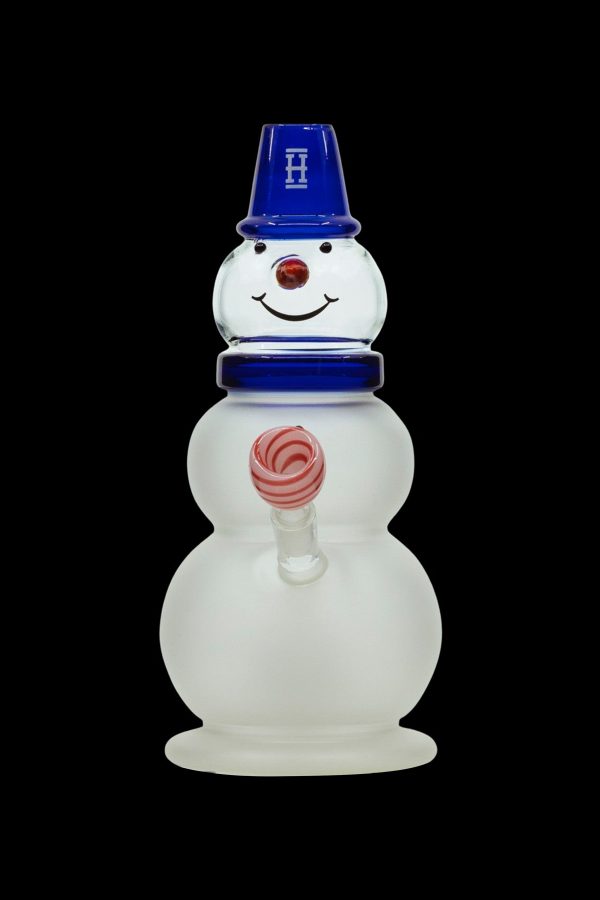 Glass snowman-shaped water pipe with a red and white swirl and blue accents.