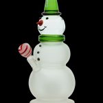 Glass snowman-shaped water pipe with a peppermint candy accessory.