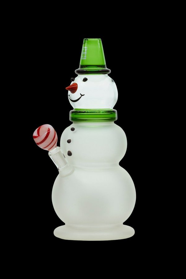 Glass snowman-shaped water pipe with a peppermint candy accessory.