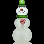 Glass snowman-shaped water pipe with a red and white swirl detail.