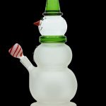Glass snowman-shaped water pipe with red and white striped mouthpiece.