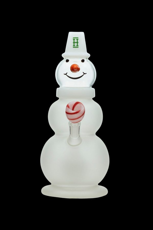 Glass snowman-shaped water pipe with a red and white peppermint swirl handle.