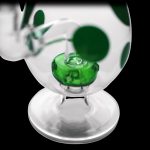 Green and white glass oil rig with a rounded base against a black background.