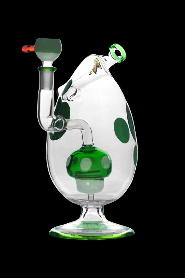 Clear glass water pipe with green polka dots and accents, featuring a complex percolator system.