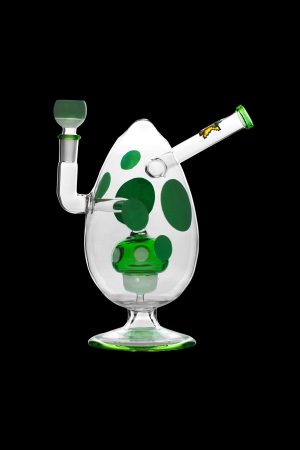 Green and white glass water pipe shaped like an egg with a clear mouthpiece and stem.