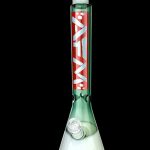 Green and white glass bong with red lettering, isolated on a black background.