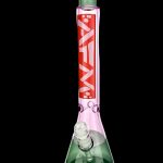 Green and pink glass bong with intricate designs, isolated on a black background.