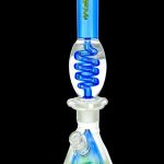 Green and blue glass water pipe (bong) with intricate swirling design and logo.