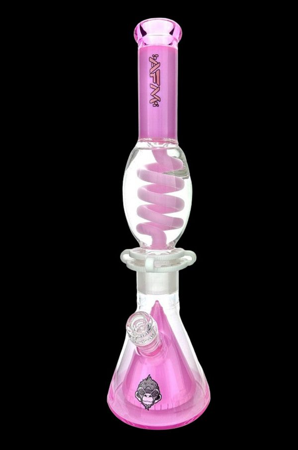 Pink glass water pipe (bong) with intricate bubbler design.
