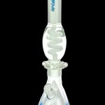 Blue and clear glass bong with swirling patterns and a decorative base.