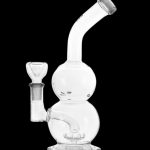 Clear glass bubbler water pipe with a flared base and angled neck.