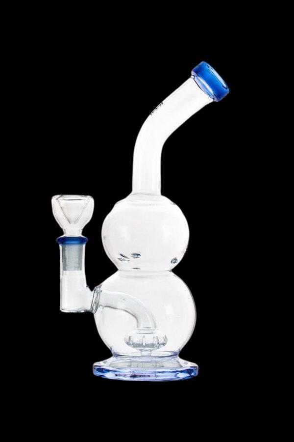 Clear glass bubbler with blue accents, used for smoking cannabis.