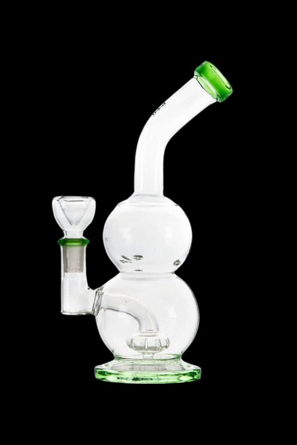 Clear glass bubbler with green accents, used for smoking cannabis.