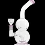 Clear glass water pipe (bubbler) with a pink mouthpiece and base.