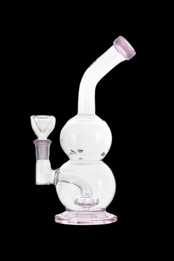 Clear glass water pipe (bubbler) with a pink mouthpiece and base.