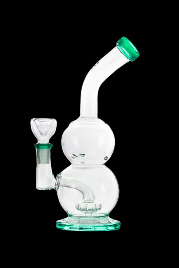 Clear glass bubbler with turquoise accents and a glass bowl.