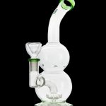 Clear glass bubbler water pipe with green accents.