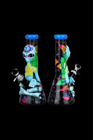 Colorful glass water pipe featuring an alien design, displayed against a black background.