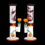 Two glass bongs with a Halloween theme, featuring jack-o'-lanterns and spooky illustrations against a black background.