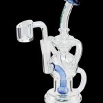 Clear glass dab rig with blue accents, featuring a quartz banger and complex percolator.