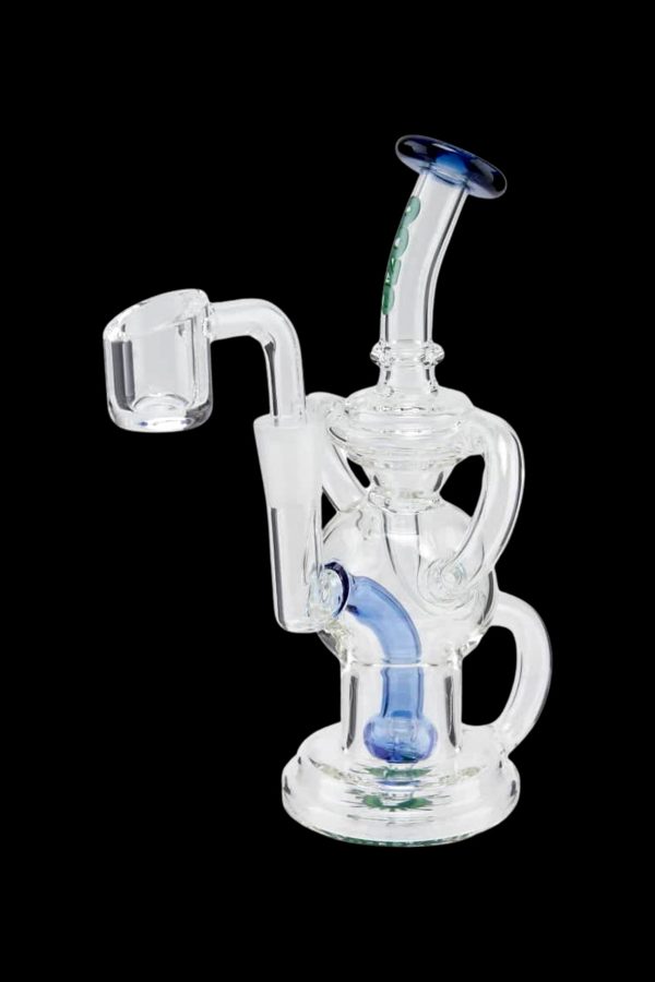Clear glass dab rig with blue accents, featuring a quartz banger and complex percolator.
