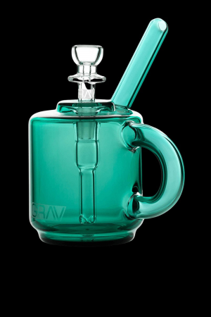 Teal glass rig with a bubbler and handle, branded "GRAV".