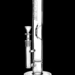Clear glass bong with intricate percolators and a removable downstem.