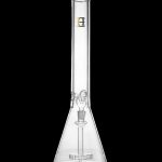 Clear glass bong with ice catch and angled mouthpiece.